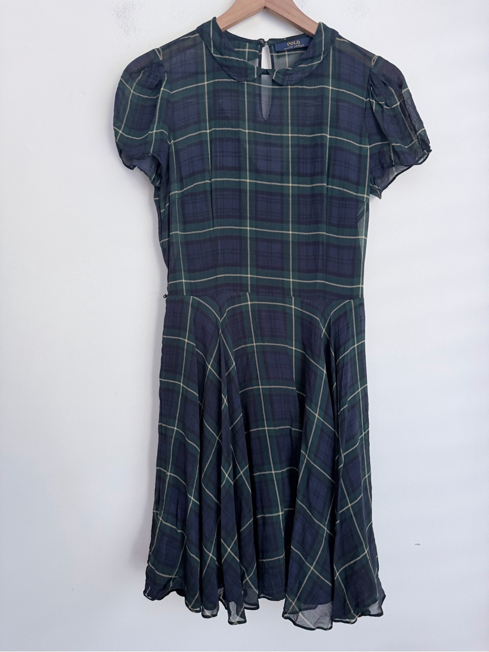 Polo by Ralph Lauren Navy and Green Plaid Puff-Sleeve Midi Dress
